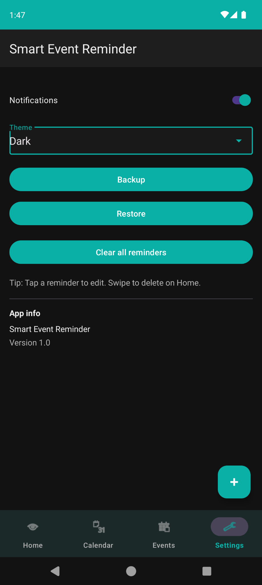 Settings screen in dark mode